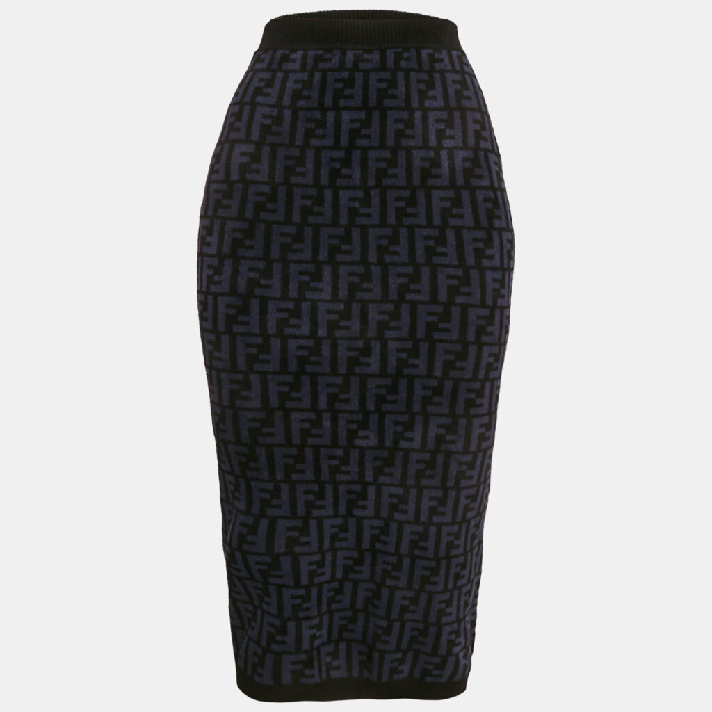 Fendi Navy Blue Zucca Stretch Velvet Pencil Skirt S