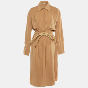 fendi beige silk crepe belted shirt dress m