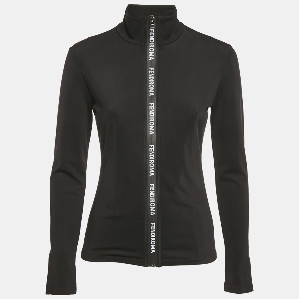 luxury-women-fendi-used-clothes-p1167114-002 Fendi Black Jersey Logo Band Detail Zip-Up Jacket S
