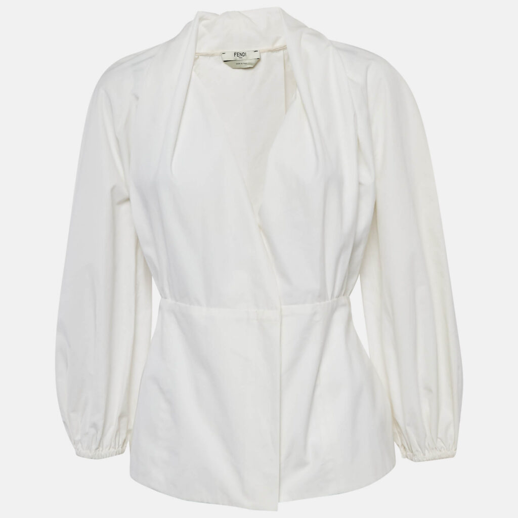 luxury-women-fendi-used-clothes-p1168658-001 Fendi White Cotton Gathered Wrap Blouse S