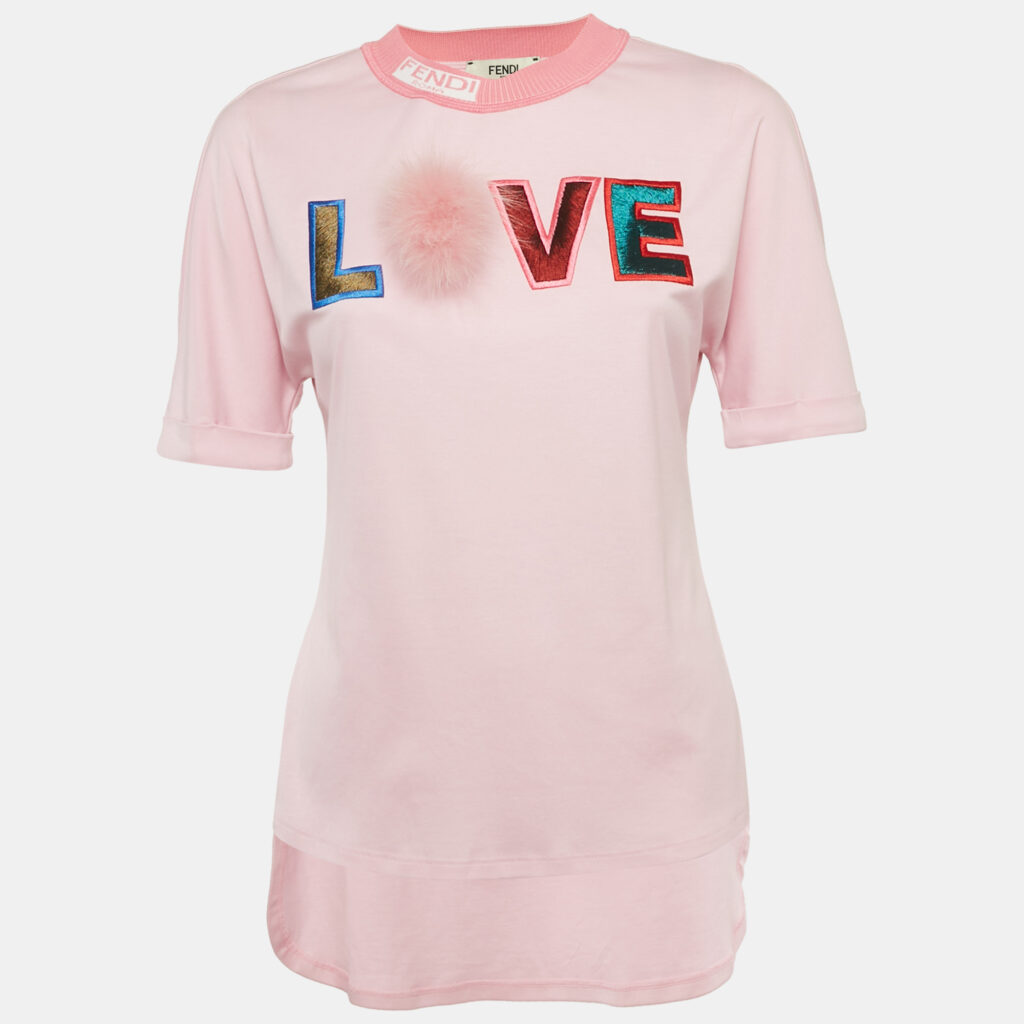 luxury-women-fendi-used-clothes-p1169326-003 Fendi Special Edition Pink Fox Fur Trim Jersey T-Shirt XS