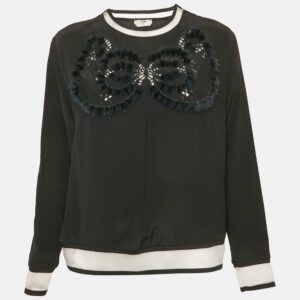 Fendi Black Silk & Fur Detail Long Sleeve Top M