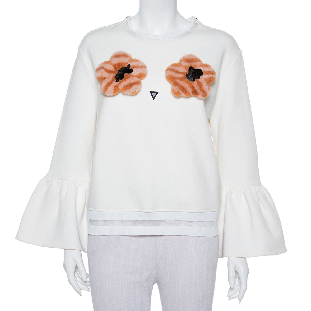 luxury-women-fendi-used-clothes-p387075-008 Fendi Cream Knit Pom - Pom Applique Flared Sleeve Jumper M