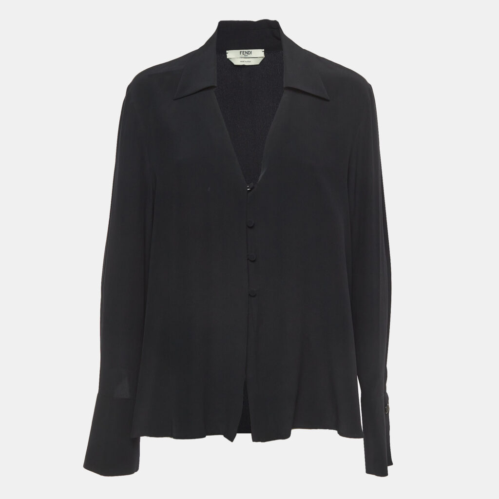 luxury-women-fendi-used-clothes-p414626-010 Fendi Black Silk V Neck Collared Button Front Shirt L