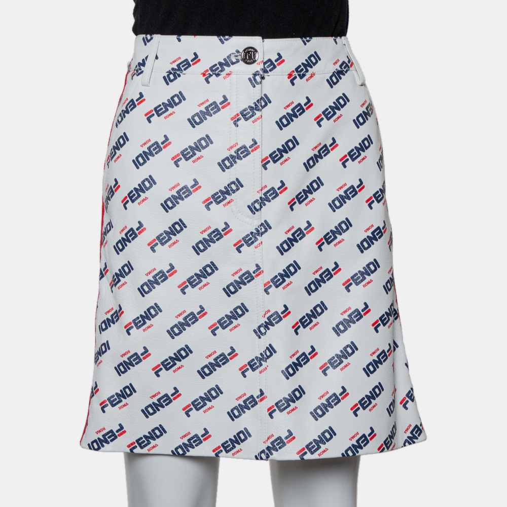 luxury-women-fendi-used-clothes-p420250-009 Fendi White Allover Fendi Mania Logo Leather Mini Skirt M
