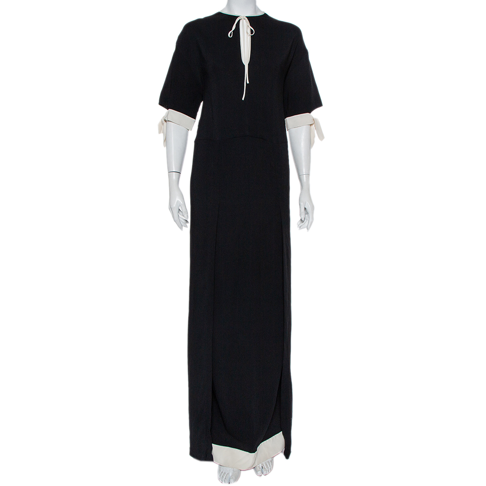 luxury-women-fendi-used-clothes-p458200-005 Fendi Black Crepe Contrast Trim Front Slit Detail Long Dress M