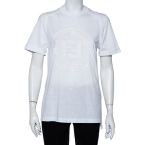 Fendi White Sequin Embellished Logo Embroidered Cotton Fringed Detail T shirt XXS