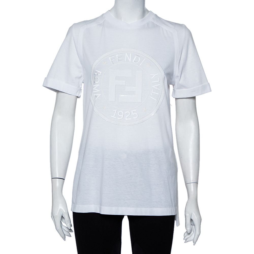 luxury-women-fendi-used-clothes-p459097-005 Fendi White Sequin Embellished Logo Embroidered Cotton Fringed Detail T shirt XXS