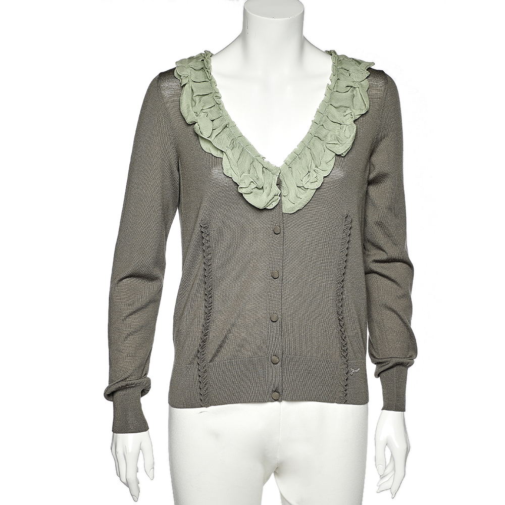 luxury-women-fendi-used-clothes-p542799-003-1 Fendi Green Wool & Silk Ruffle Neck Cardigan L