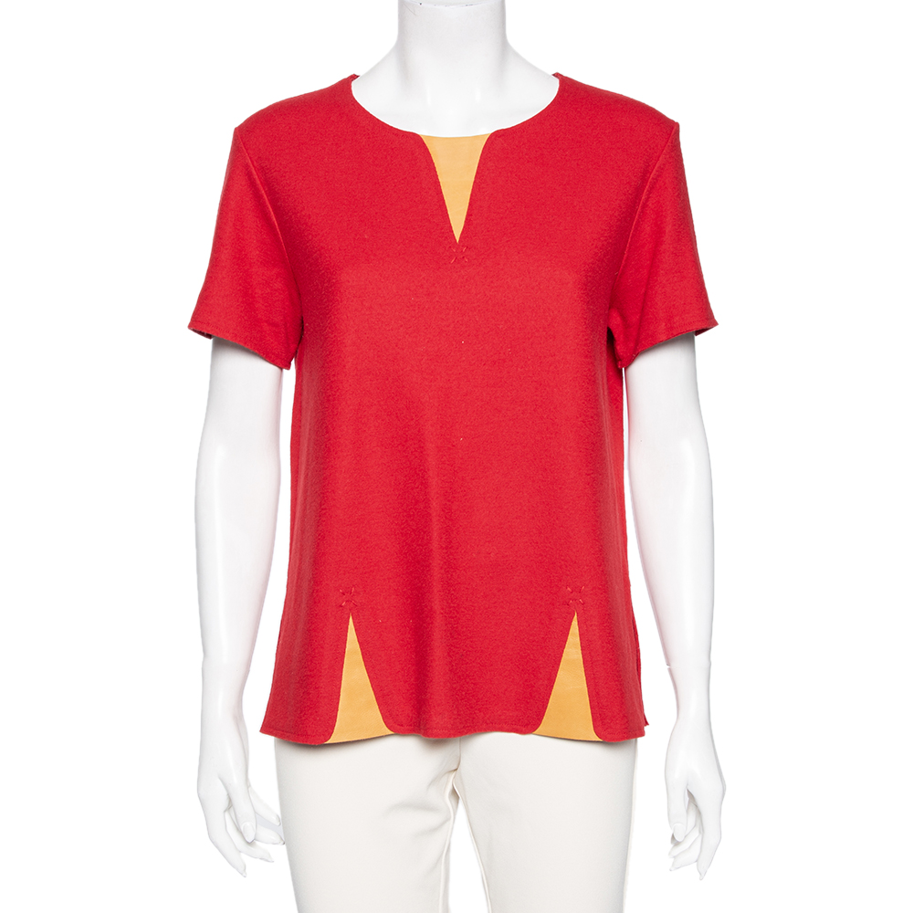 luxury-women-fendi-used-clothes-p580894-002-2 Fendi Red Wool & Leather Inset Detailed Short Sleeve Top S