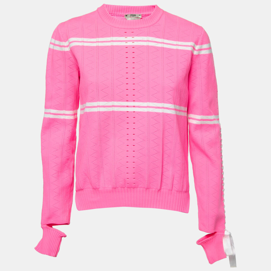 luxury-women-fendi-used-clothes-p791763-001 Fendi Neon Pink Striped Knit Ribbon Detail Jumper M