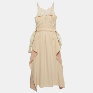 Fendi Dusty Pink Silk Lace Trim Ruffled Midi Dress S