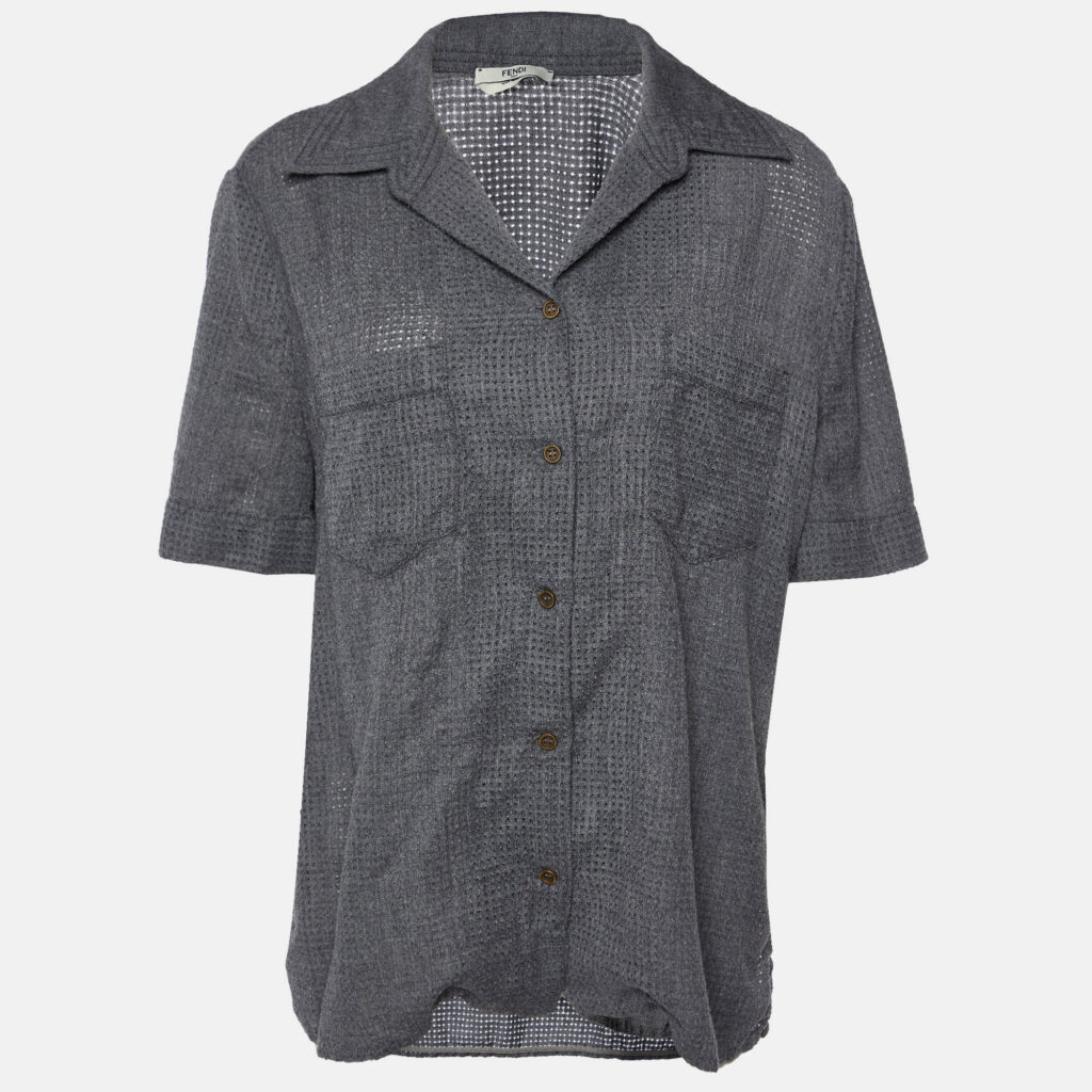 luxury-women-fendi-used-clothes-p944422-004 Fendi Grey Perforated Wool Short Sleeve Shirt M
