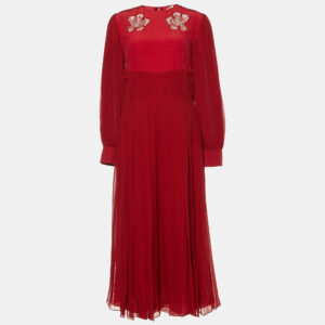 Fendi Red Silk Pleated Midi Dress M