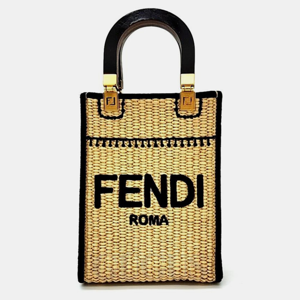 luxury-women-fendi-used-handbags-p1013965-001 Fendi Black & Neutrals Raffia Mini Raffia Sunshine Shopper Bucket Bag