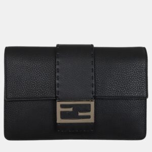 Fendi Black Leather Selleria FF Baguette Clutch