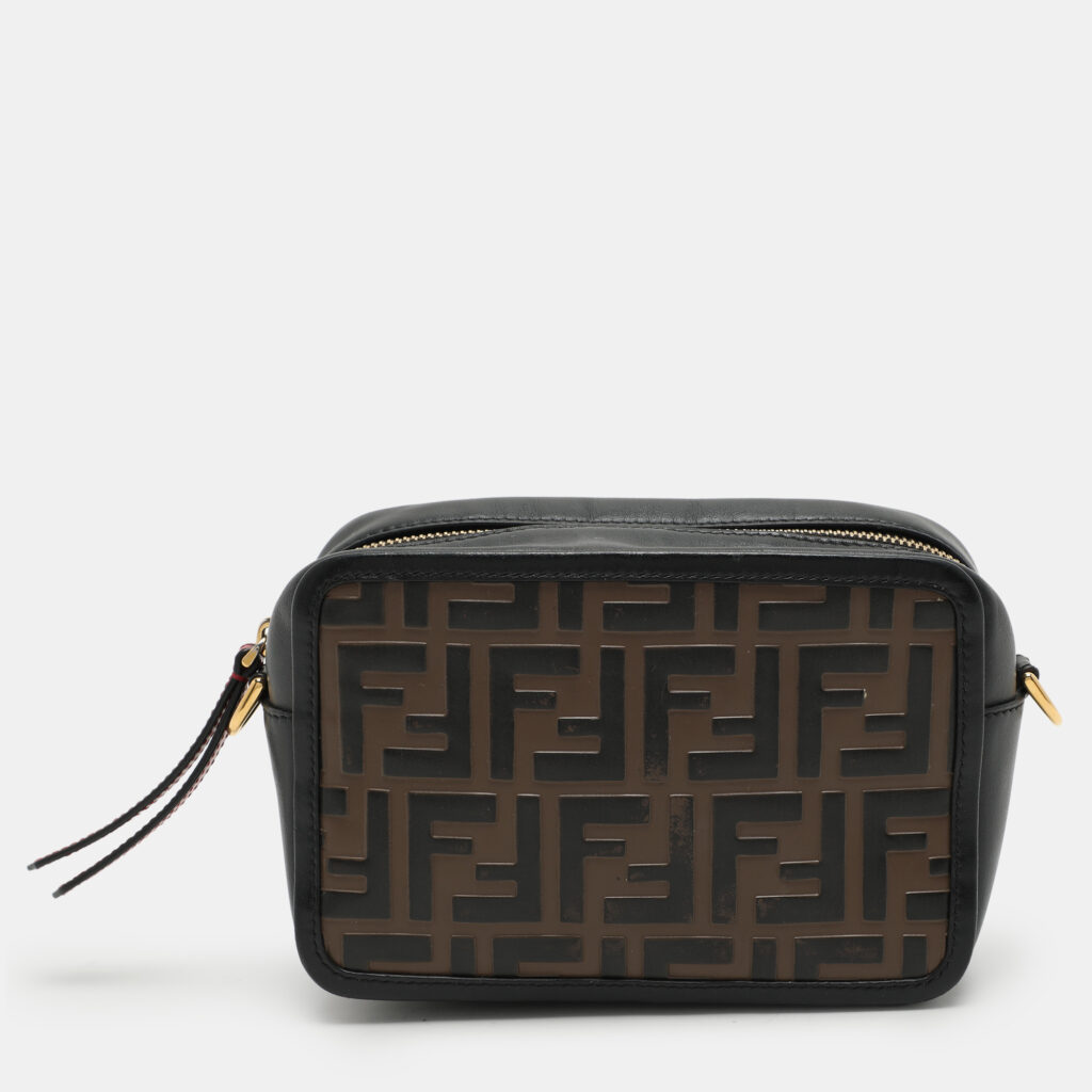 luxury-women-fendi-used-handbags-p1055786-010 Fendi Black/Brown FF Embossed Leather Mini Camera Crossbody Bag