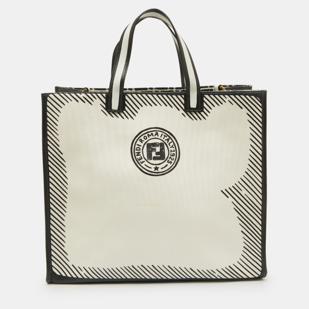 luxury-women-fendi-used-handbags-p1110302-001 Fendi x Joshua Vides White/Black Coated Canvas Stamp Patch Shopping Tote