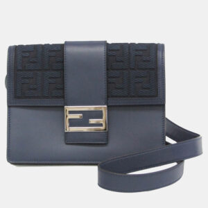 Fendi Navy Leather Canvas Flat Baguette Medium Shoulder Bag