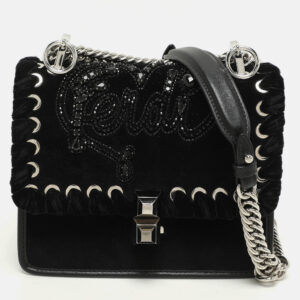 fendi black velvet and leather small kan i logo embellished top handle bag