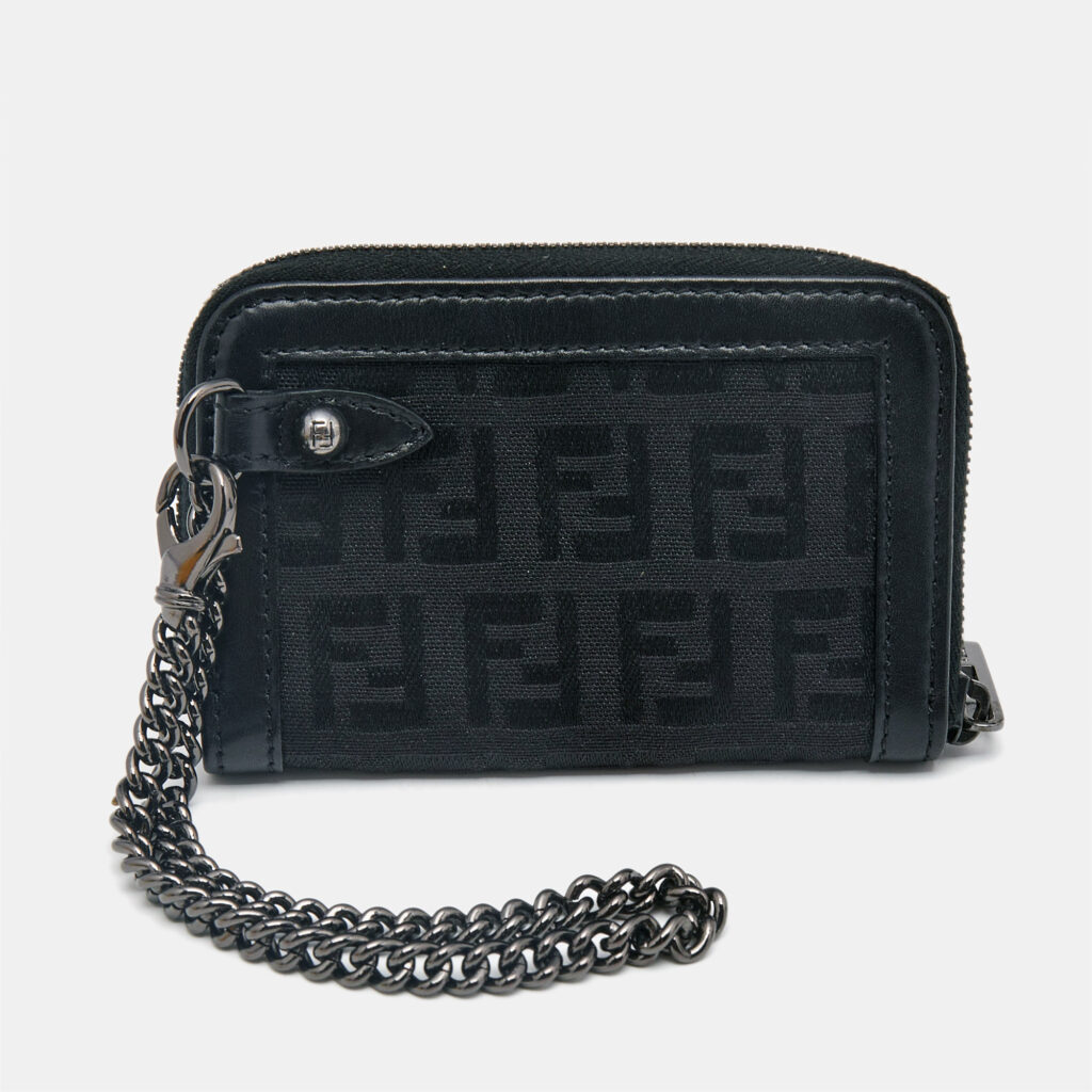 luxury-women-fendi-used-handbags-p1146662-001 Fendi Black Zucchino Fabric and Leather Zip Coin Purse