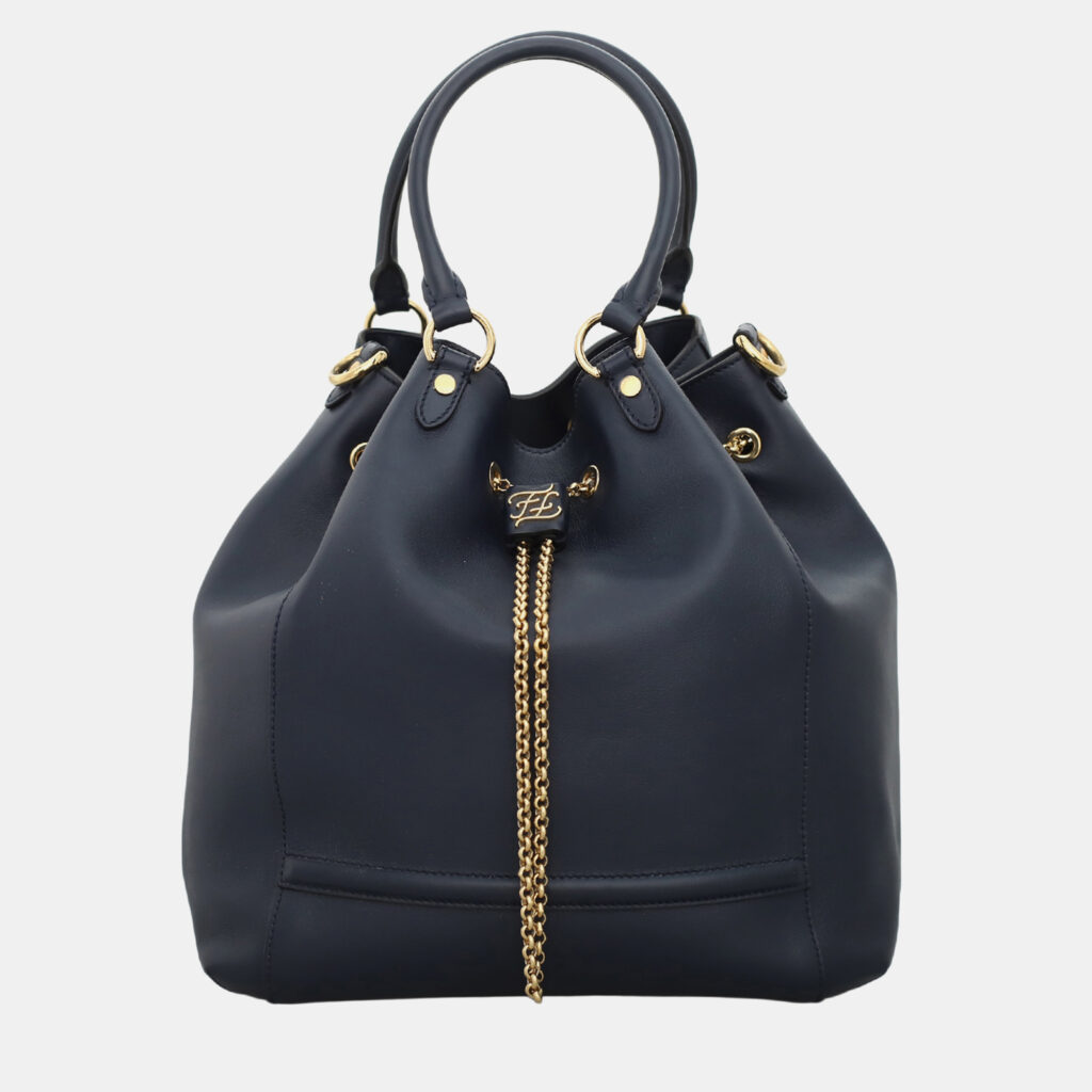 luxury-women-fendi-used-handbags-p1147342-002 Fendi Dark Blue Leather Karligraphy Chain Medium Bucket Bag