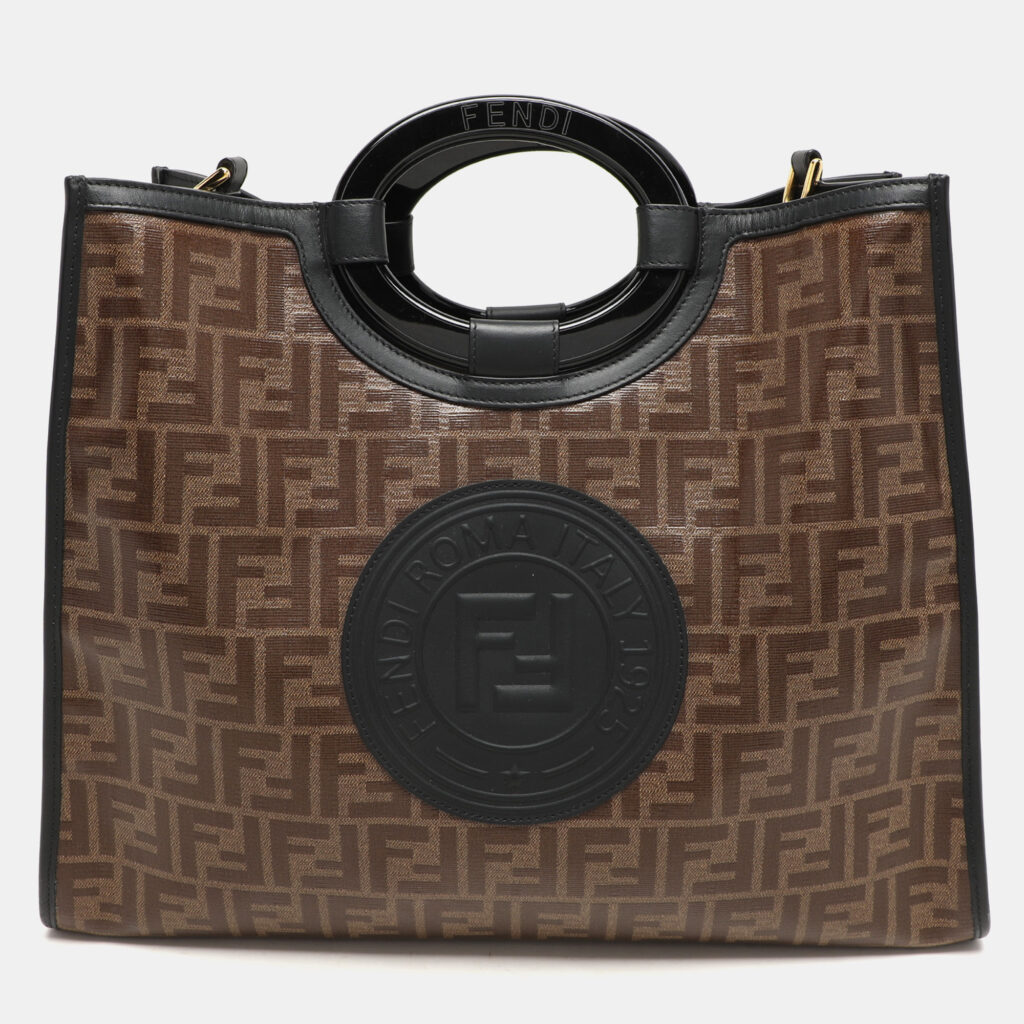 luxury-women-fendi-used-handbags-p1147472-002 Fendi Tobacco/Black Zucca Coated Canvas and Leather Medium Runaway Shopper Tote