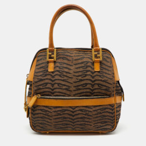 Fendi Tan/Dark Brown Canvas and Leather Vintage Zip Satchel