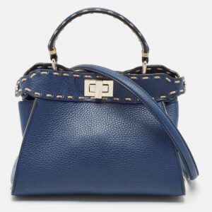 Fendi Navy Blue Selleria Leather Mini Peekaboo Top Handle Bag