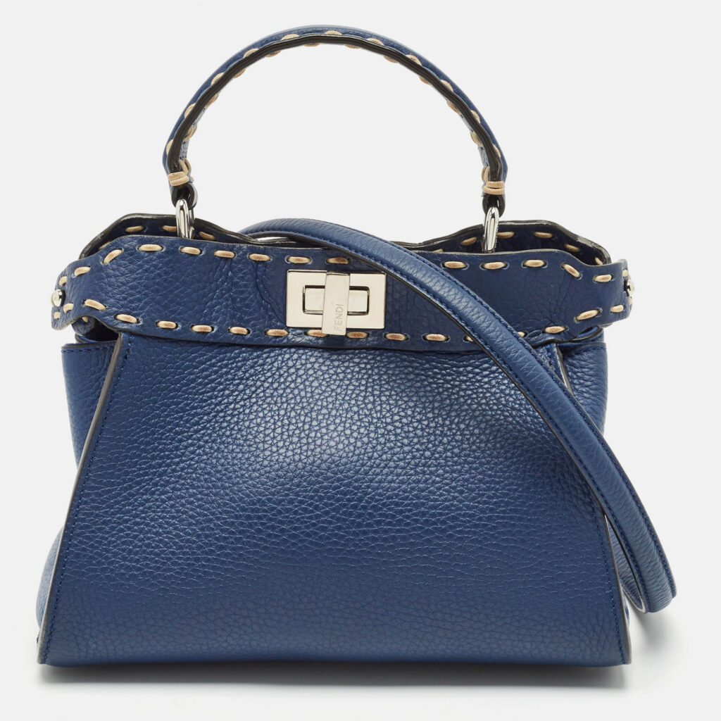 luxury-women-fendi-used-handbags-p1152954-014 Fendi Navy Blue Selleria Leather Mini Peekaboo Top Handle Bag