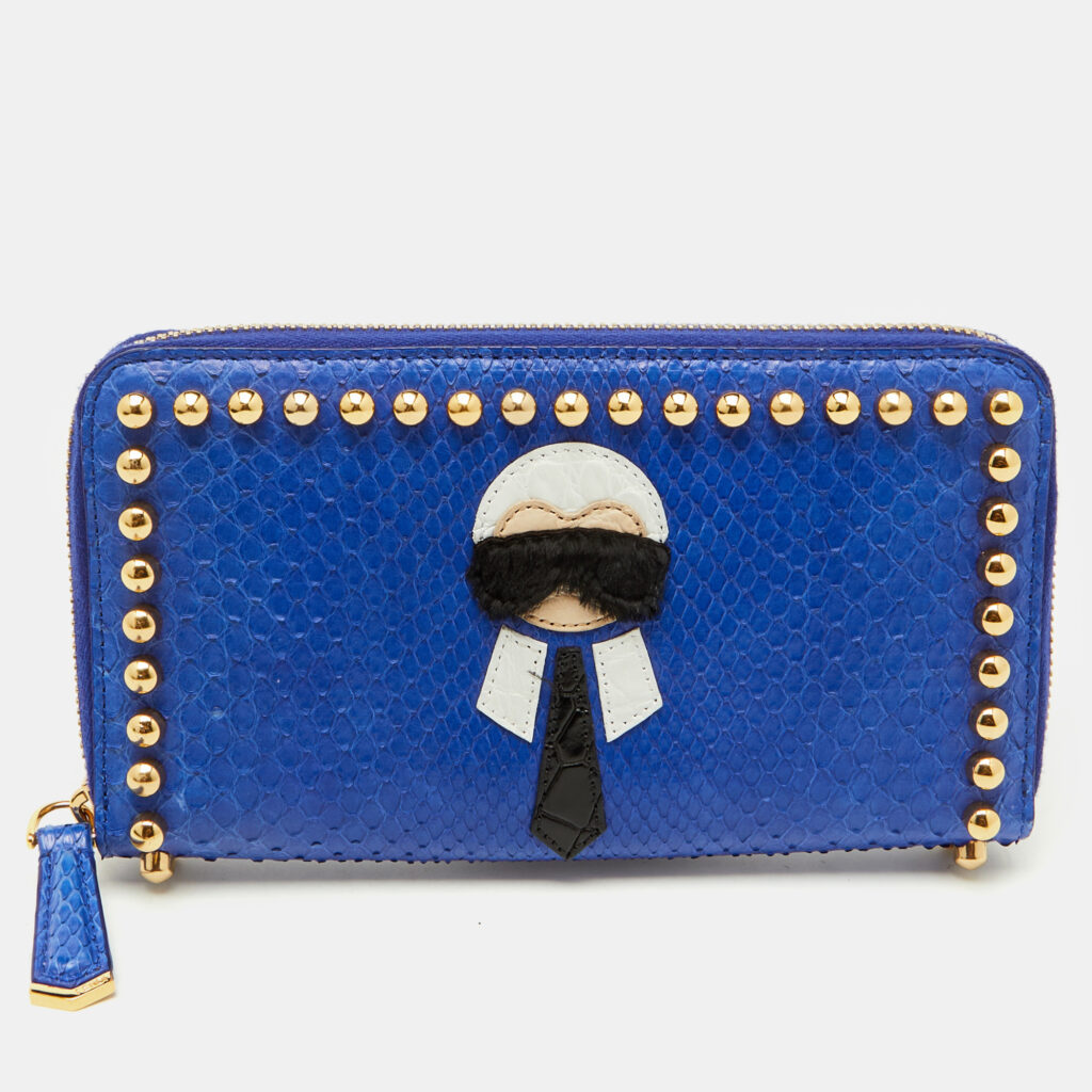 luxury-women-fendi-used-handbags-p1153375-007 Fendi Navy Blue Snakeskin Karlito Zip Around Wallet