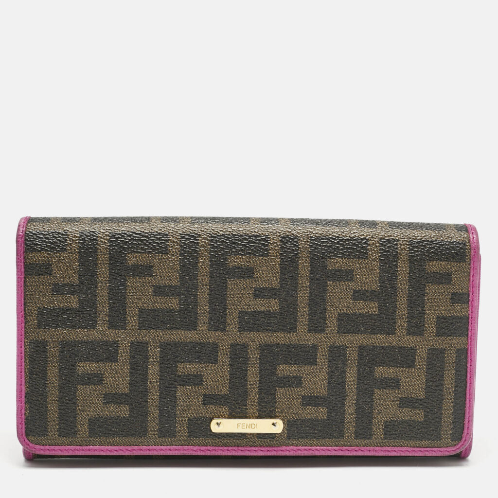 luxury-women-fendi-used-handbags-p1155336-013 Fendi Tobacco/Pink Zucca Coated Canvas and Leather Flap Continental Wallet