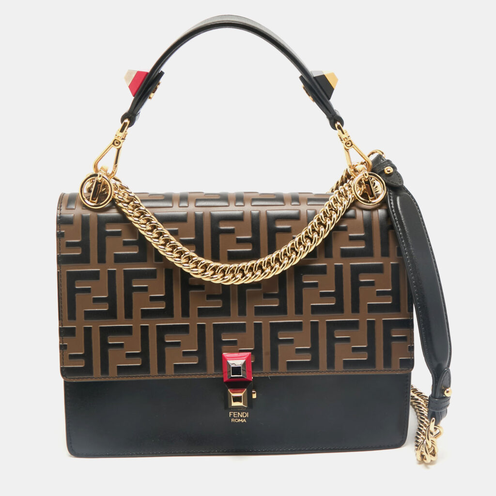 luxury-women-fendi-used-handbags-p1156137-015 Fendi Black/Brown FF Leather Medium Kan I Shoulder Bag