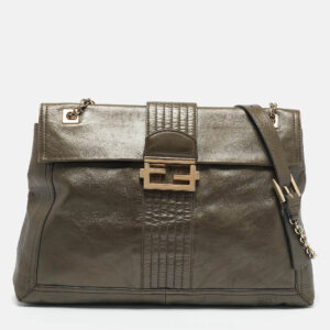 Fendi Metallic Leather Maxi Baguette Flap Shoulder Bag