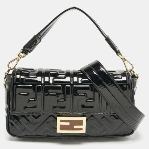 fendi black ff embossed patent leather medium baguette bag