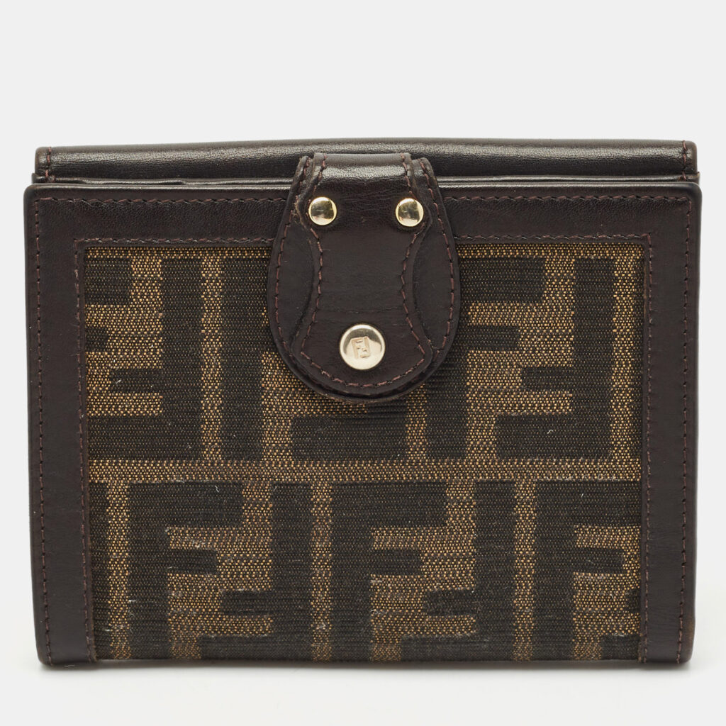 luxury-women-fendi-used-handbags-p1162264-007 Fendi Tobacco Zucca Canvas and Leather French Flap Wallet