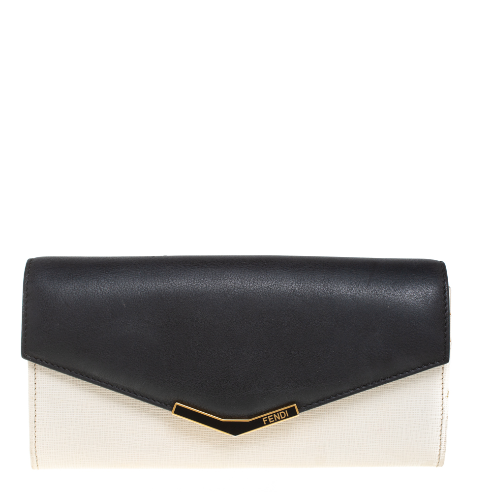 luxury-women-fendi-used-handbags-p403024-005 Fendi Off White/Black Leather Envelope Continental Wallet