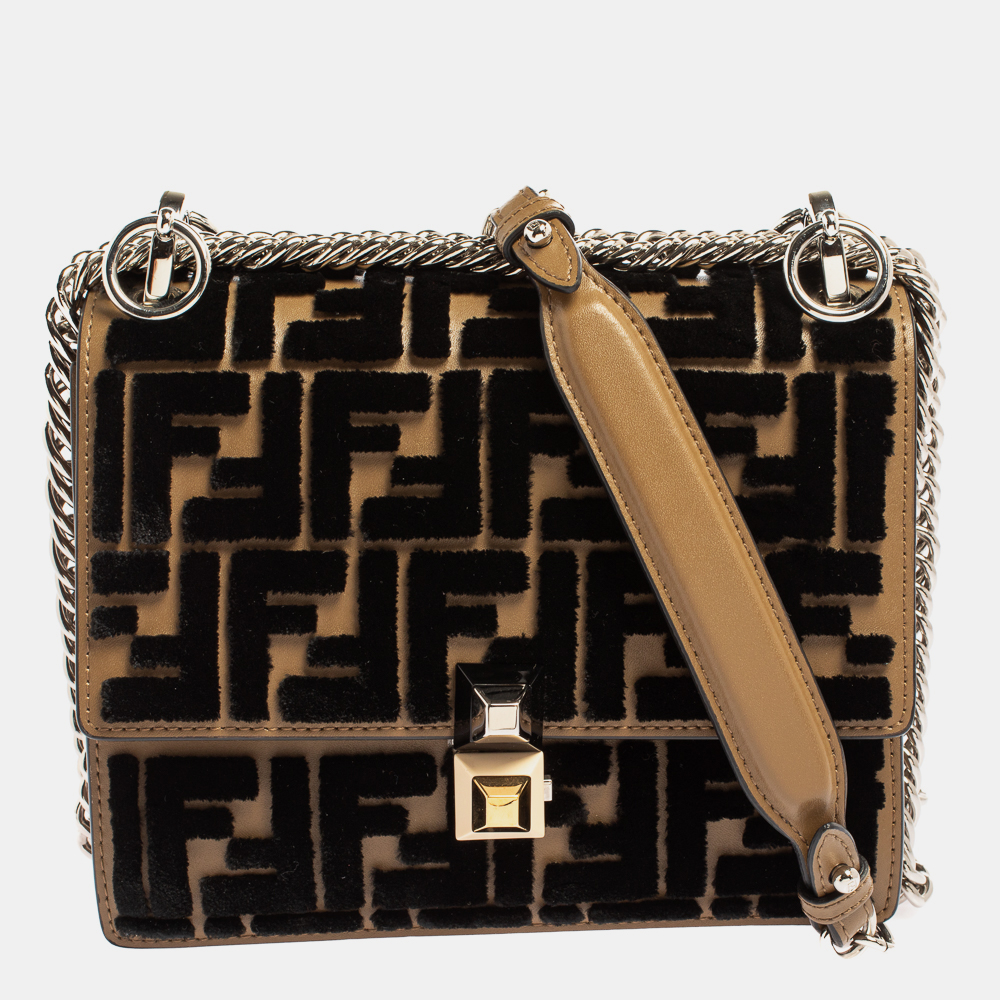 luxury-women-fendi-used-handbags-p428481-020 Fendi Black/Brown Leather and Velvet Small Kan I Chain Shoulder Bag