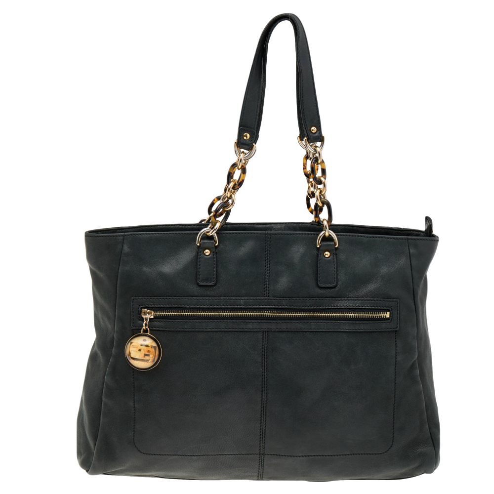 luxury-women-fendi-used-handbags-p556423-007-2 Fendi Black Iridescent Leather Chain Tote