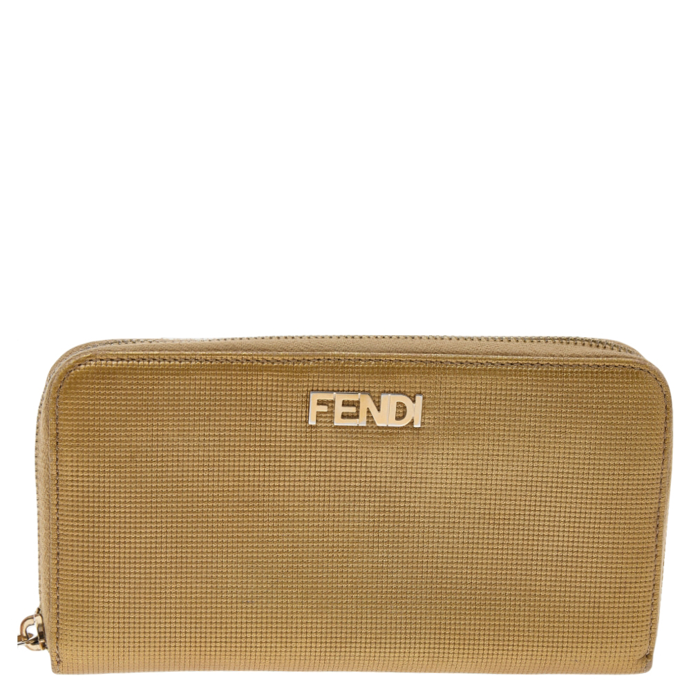 luxury-women-fendi-used-handbags-p580226-009-2 Fendi Gold Embossed Leather Zip Around Wallet