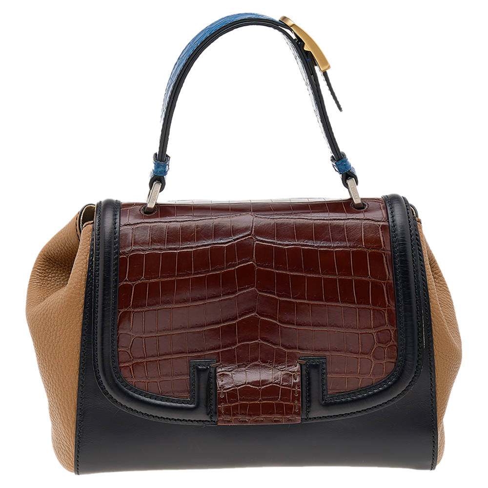 luxury-women-fendi-used-handbags-p598317-010-2 Fendi Multicolor Leather And Crocodile Silvana Satchel