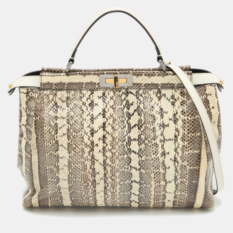 luxury-women-fendi-used-handbags-p767204-1676456618-007 Fendi Beige/Black Python Leather Large Peekaboo Top Handle Bag