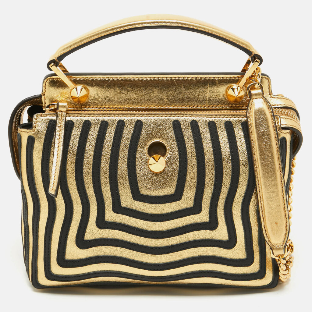 luxury-women-fendi-used-handbags-p919793-013 Fendi Gold/Black Leather Small Gold Edition Dotcom Click Top Handle Bag