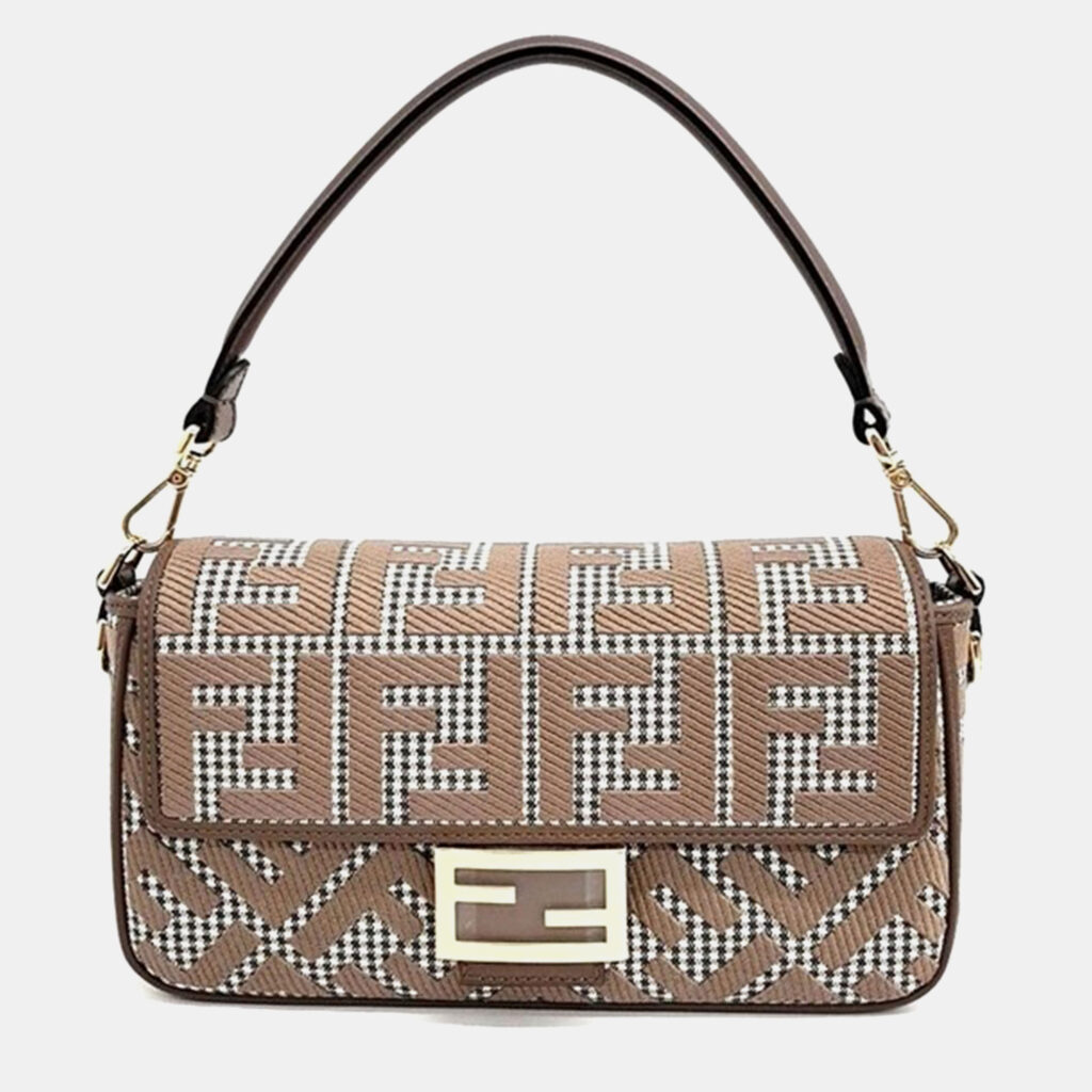 luxury-women-fendi-used-handbags-p992629-007 Fendi Brown Jacquard Baguette Shoulder Bag