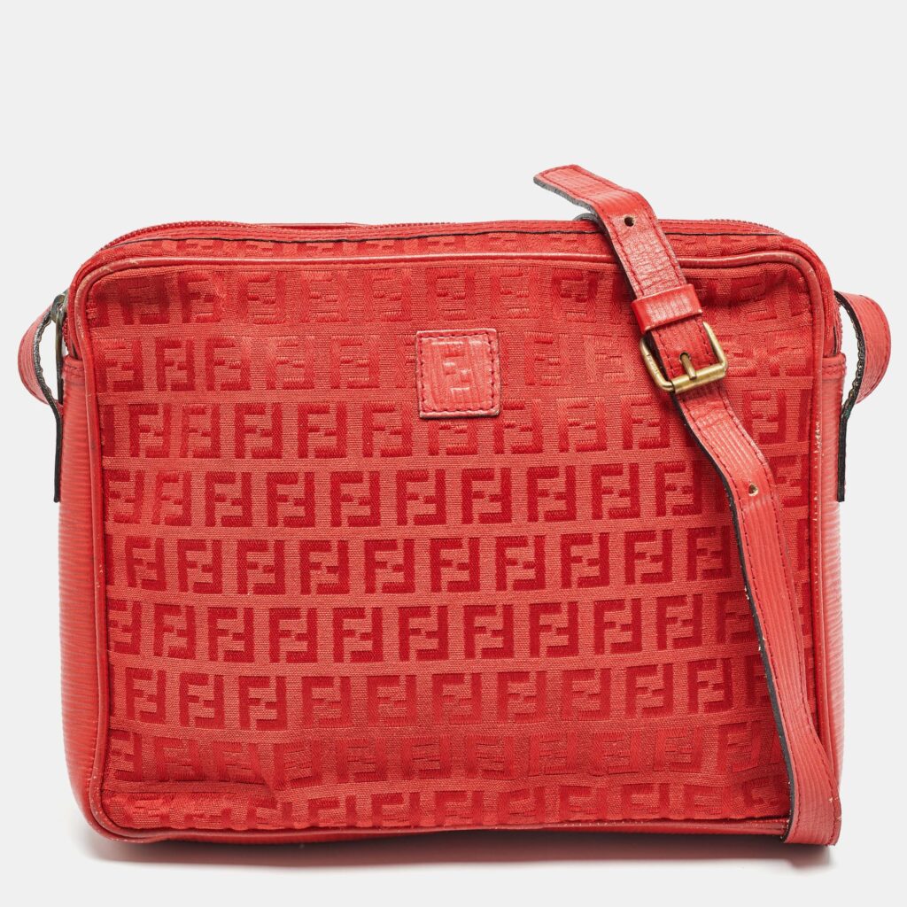 luxury-women-fendi-used-handbags-p995413-010 Fendi Red Zucchino Canvas and Leather Crossbody Bag