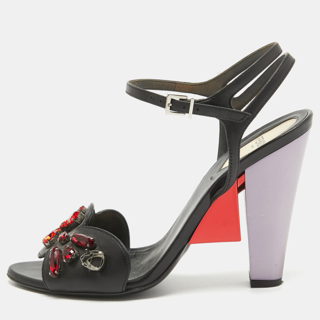 luxury-women-fendi-used-shoes-p1003804-001 Fendi Black Leather Ankle Strap Crystal Embellished Ankle Strap Sandals Size 38