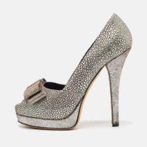 Fendi Silver/Brown Brocade Fabric Bow Peep Toe Platform Pumps Size 38.5