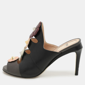 Fendi Black/Grey Leather Flowerland Slide Sandals Size 36