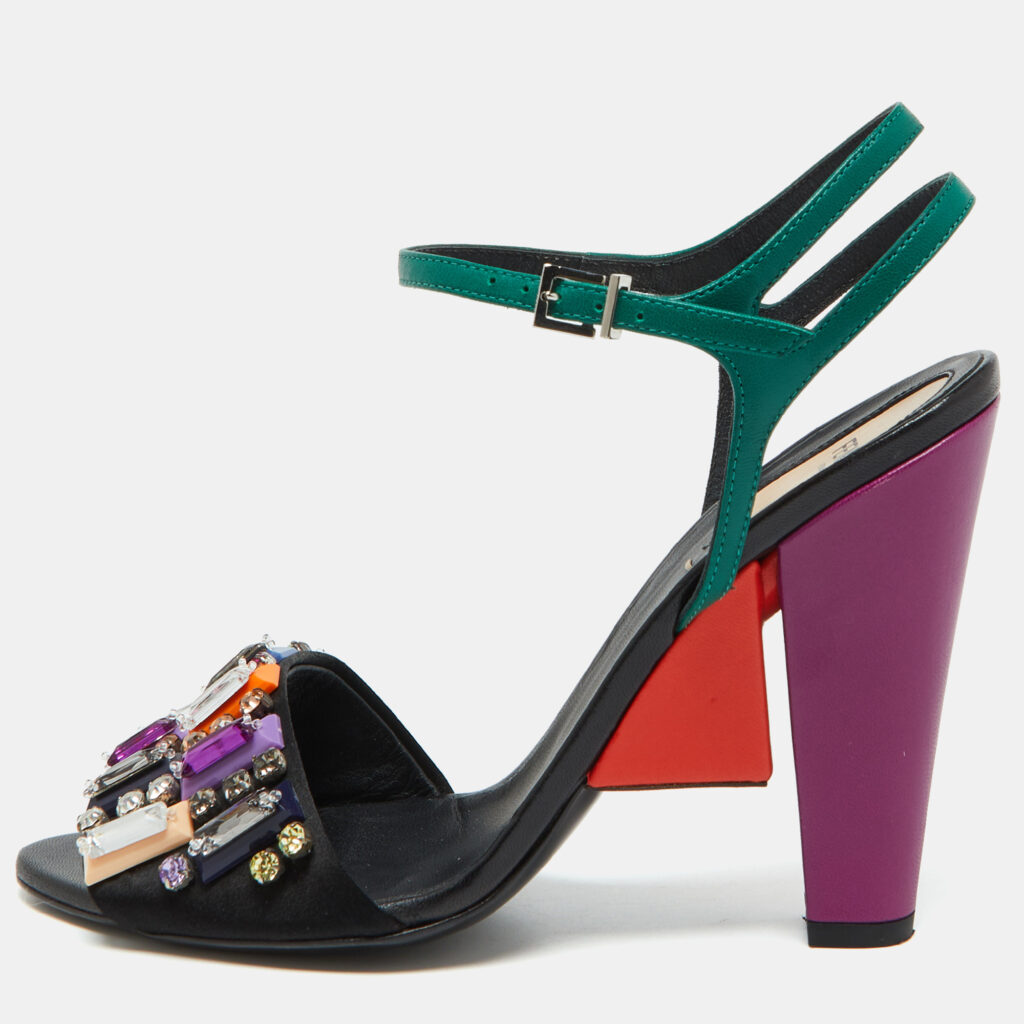 luxury-women-fendi-used-shoes-p1085264-001 Fendi Multicolor Satin Fantasia Crystal Embellished Ankle Strap Sandals Size 39.5
