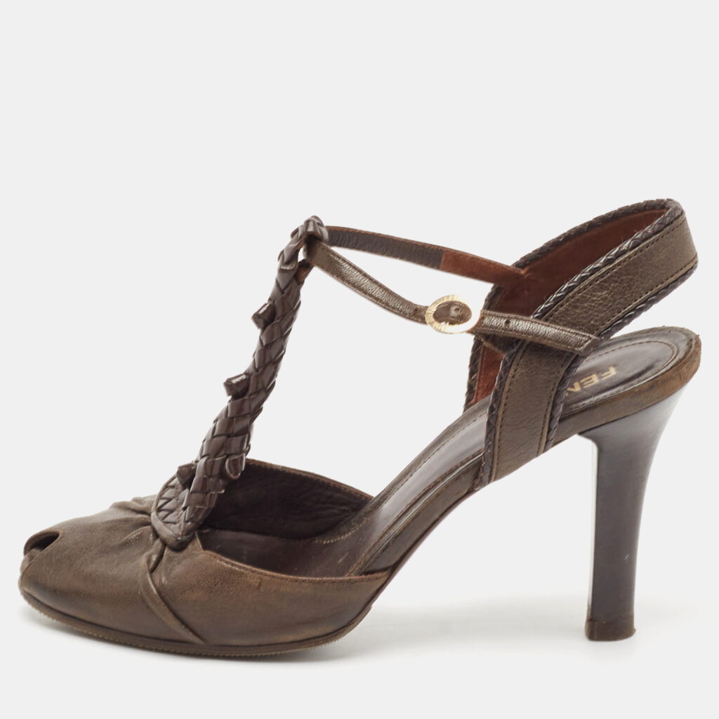 Fendi Brown Leather T Strap Peep Toe Ankle Strap Sandals Size 38